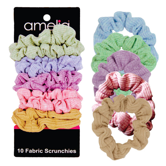 Amelia Beauty, Medium Pastel Mix Ribbed Scrunchies, 2.5in Diameter, Gentle on Hair, Strong Hold, No Snag, No Dents or Creases. 10 Pack