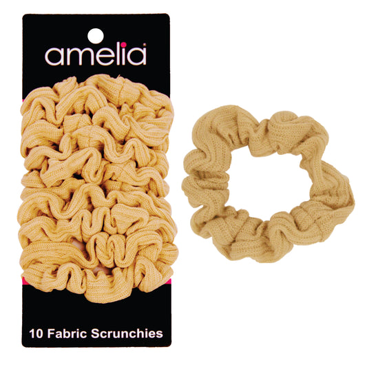 Amelia Beauty, Medium Tan Ribbed Scrunchies, 2.5in Diameter, Gentle on Hair, Strong Hold, No Snag, No Dents or Creases. 10 Pack