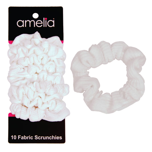 Amelia Beauty, Medium White Ribbed Scrunchies, 2.5in Diameter, Gentle on Hair, Strong Hold, No Snag, No Dents or Creases. 10 Pack