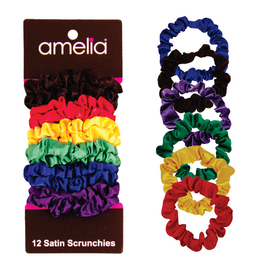 Amelia Beauty, Rainbow Colors Satin Scrunchies, 2.25in Diameter, Gentle on Hair, Strong Hold, No Snag, No Dents or Creases. 12 Pack
