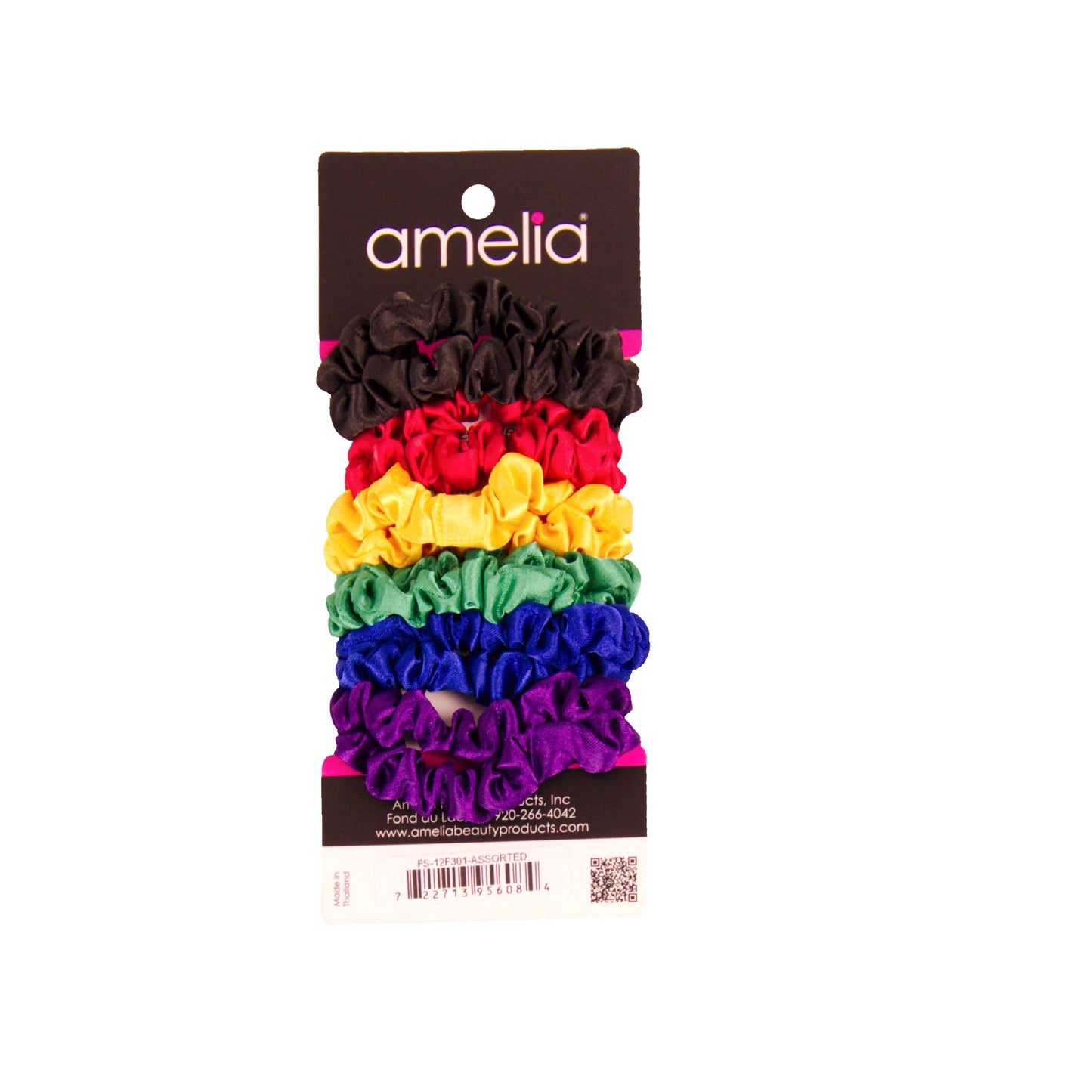 Amelia Beauty, Rainbow Colors Satin Scrunchies, 2.25in Diameter, Gentle on Hair, Strong Hold, No Snag, No Dents or Creases. 12 Pack