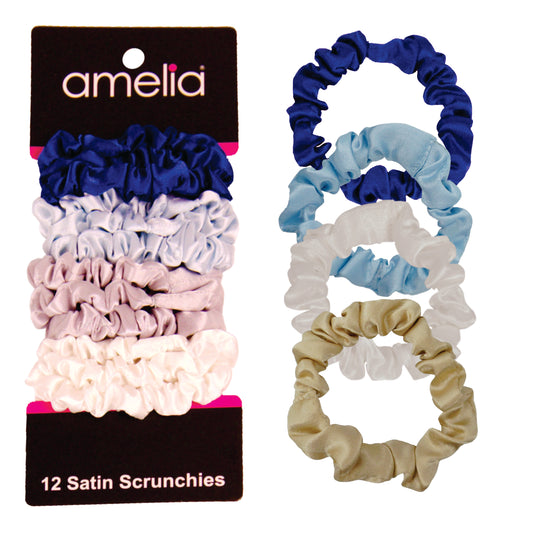 Amelia Beauty, Ocean Mix Satin Scrunchies, 2.25in Diameter, Gentle on Hair, Strong Hold, No Snag, No Dents or Creases. 12 Pack