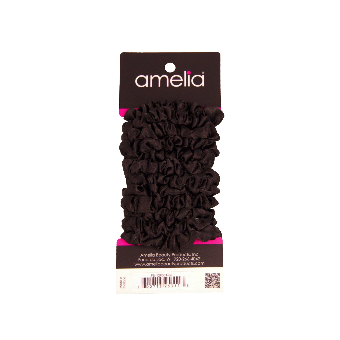 Amelia Beauty, Black Satin Scrunchies, 2.25in Diameter, Gentle on Hair, Strong Hold, No Snag, No Dents or Creases. 12 Pack