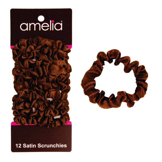 Amelia Beauty, Brown Satin Scrunchies, 2.25in Diameter, Gentle on Hair, Strong Hold, No Snag, No Dents or Creases. 12 Pack