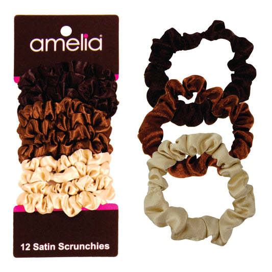 Amelia Beauty, Earth Tones Satin Scrunchies, 2.25in Diameter, Gentle on Hair, Strong Hold, No Snag, No Dents or Creases. 12 Pack