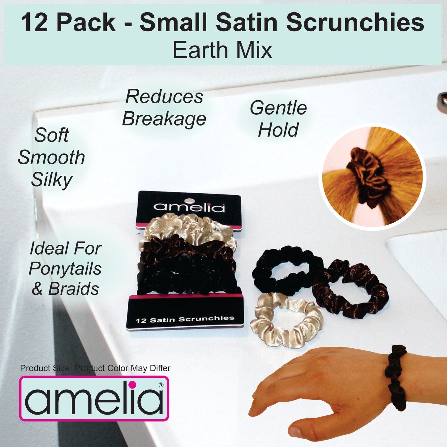 Amelia Beauty, Earth Tones Satin Scrunchies, 2.25in Diameter, Gentle on Hair, Strong Hold, No Snag, No Dents or Creases. 12 Pack