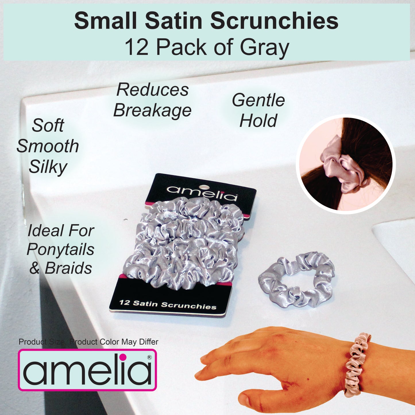 Amelia Beauty, Gray Satin Scrunchies, 2.25in Diameter, Gentle on Hair, Strong Hold, No Snag, No Dents or Creases. 12 Pack