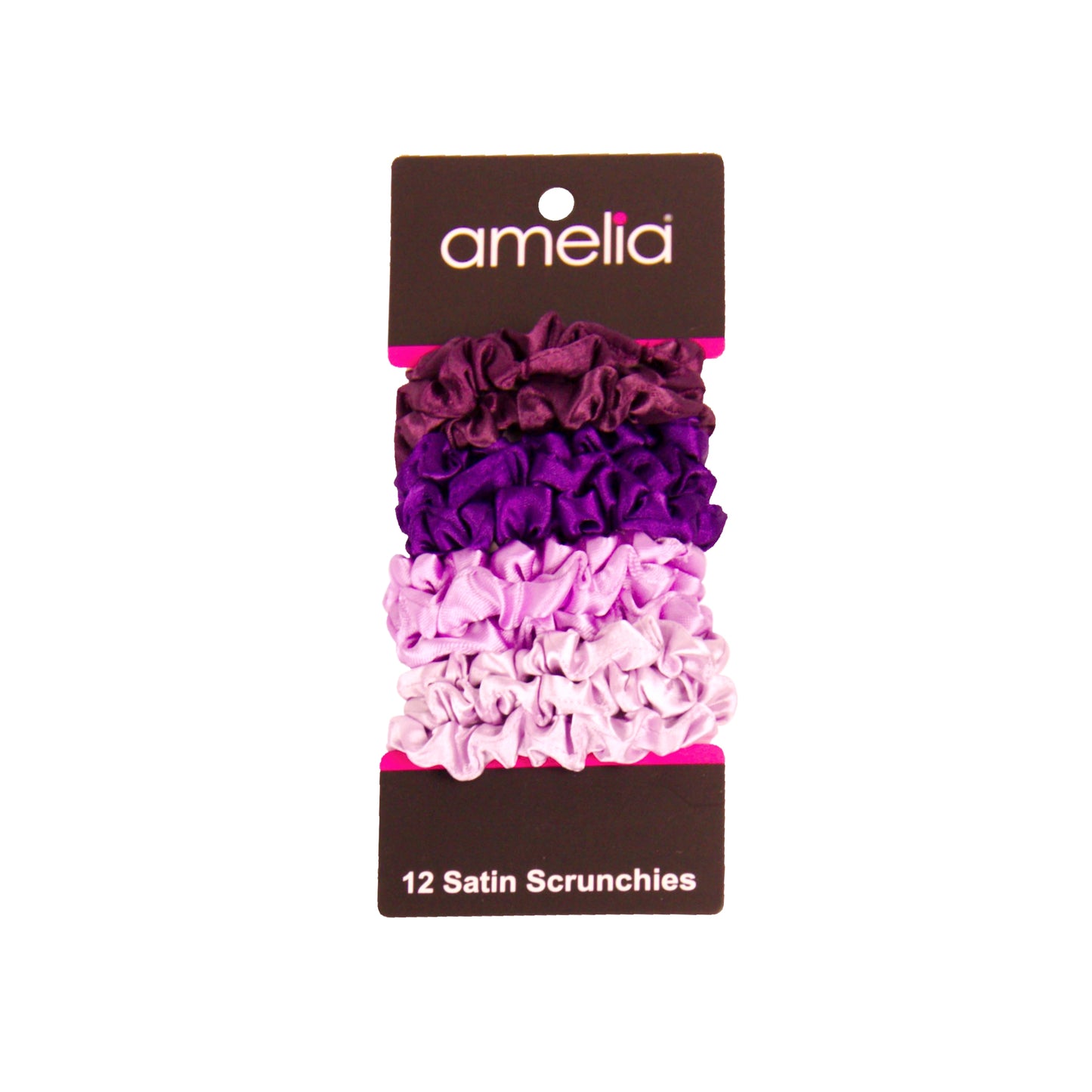 Amelia Beauty, Purple Mix Satin Scrunchies, 2.25in Diameter, Gentle on Hair, Strong Hold, No Snag, No Dents or Creases. 12 Pack