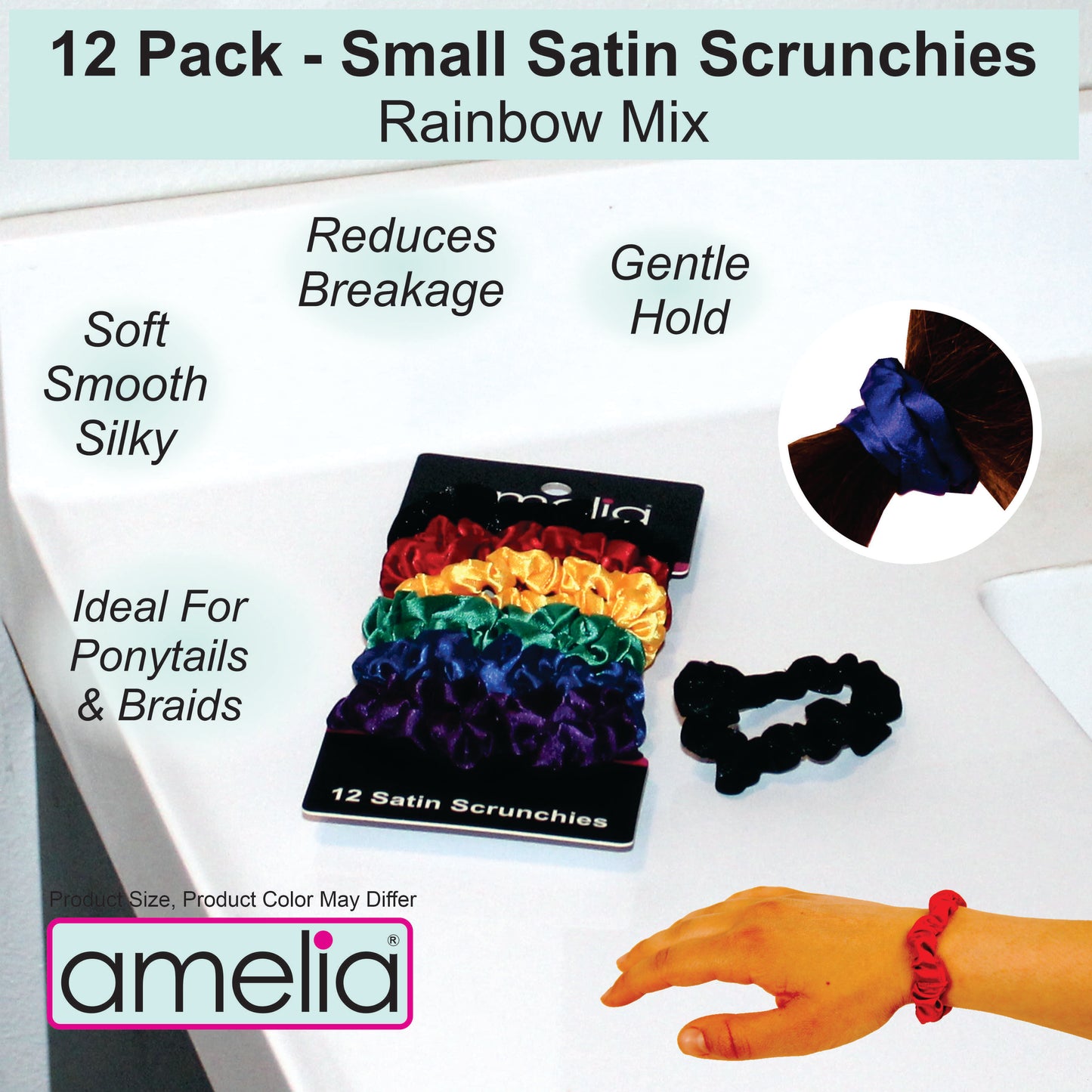 Amelia Beauty, Rainbow Colors Satin Scrunchies, 2.25in Diameter, Gentle on Hair, Strong Hold, No Snag, No Dents or Creases. 12 Pack