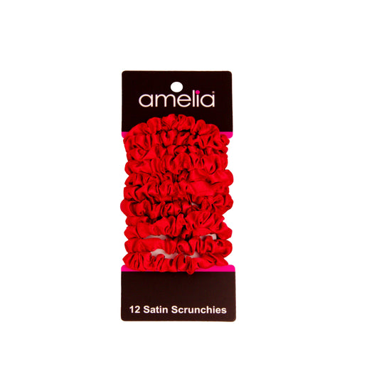 Amelia Beauty, Red Satin Scrunchies, 2.25in Diameter, Gentle on Hair, Strong Hold, No Snag, No Dents or Creases. 12 Pack