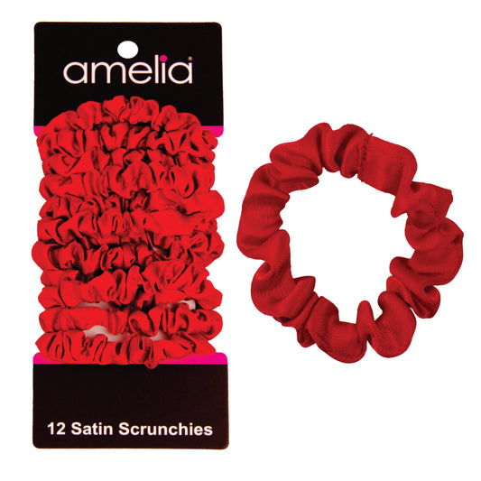 Amelia Beauty, Red Satin Scrunchies, 2.25in Diameter, Gentle on Hair, Strong Hold, No Snag, No Dents or Creases. 12 Pack