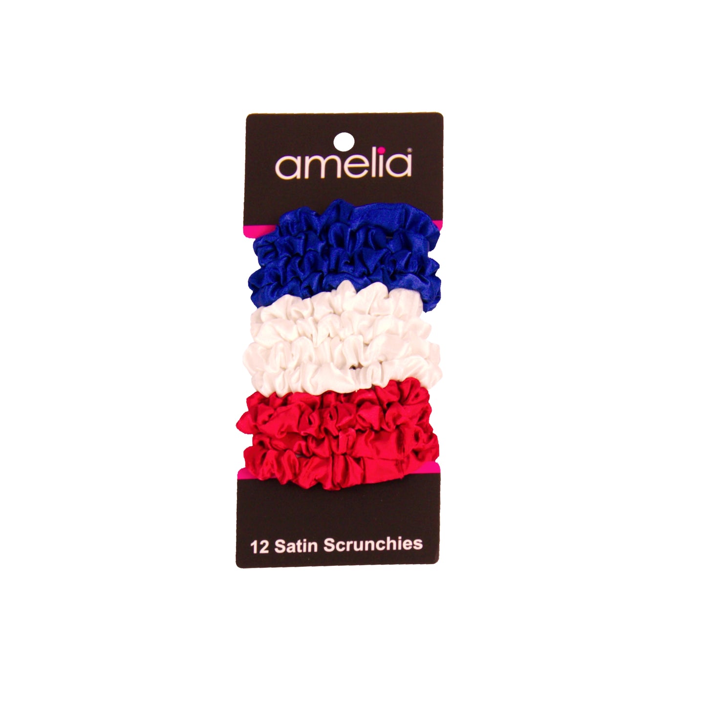 Amelia Beauty, Red, White and Blue Satin Scrunchies, 2.25in Diameter, Gentle on Hair, Strong Hold, No Snag, No Dents or Creases. 12 Pack
