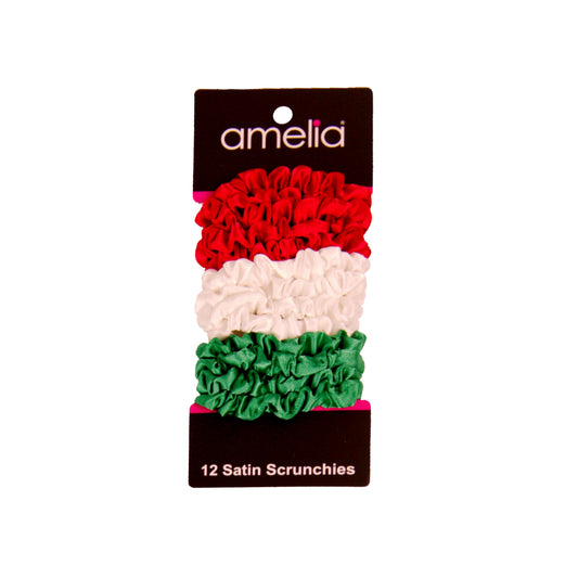 Amelia Beauty, Red, White and Green Satin Scrunchies, 2.25in Diameter, Gentle on Hair, Strong Hold, No Snag, No Dents or Creases. 12 Pack