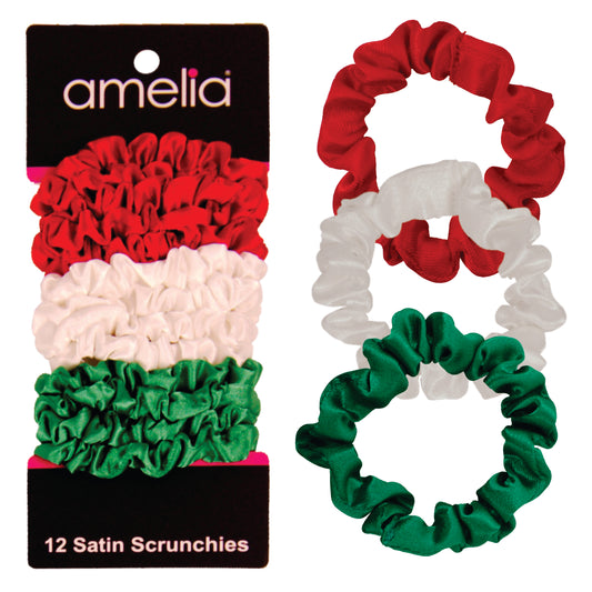 Amelia Beauty, Red, White and Green Satin Scrunchies, 2.25in Diameter, Gentle on Hair, Strong Hold, No Snag, No Dents or Creases. 12 Pack