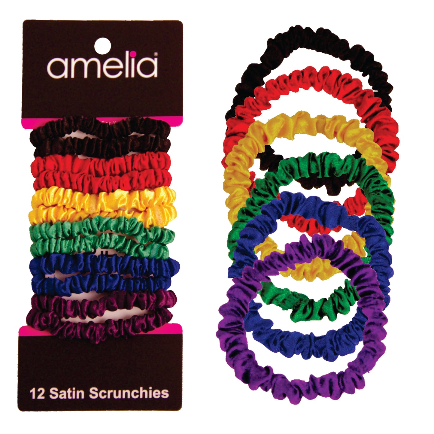 Amelia Beauty, Rainbow Colors Skinny Satin Scrunchies, 2in Diameter, Gentle and Strong Hold, No Snag, No Dents or Creases. 12 Pack