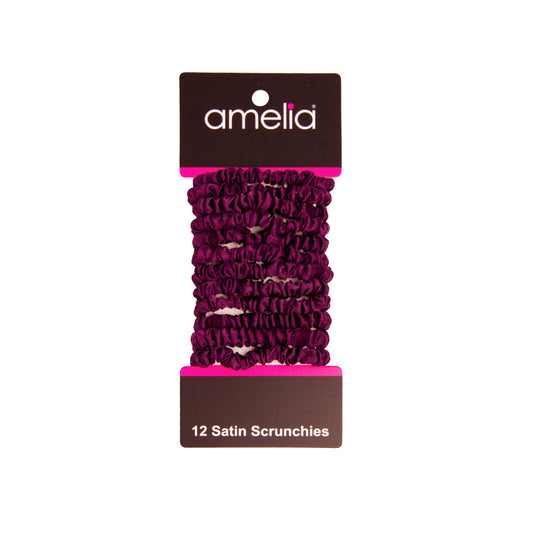 Amelia Beauty, Burgundy Skinny Satin Scrunchies, 2in Diameter, Gentle and Strong Hold, No Snag, No Dents or Creases. 12 Pack