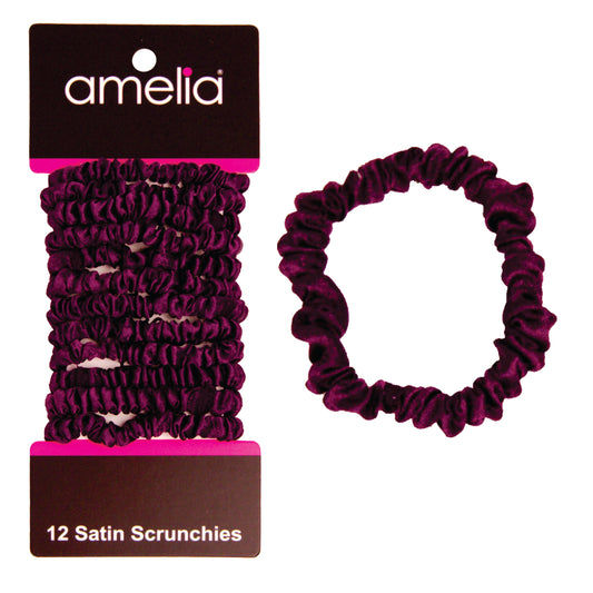 Amelia Beauty, Burgundy Skinny Satin Scrunchies, 2in Diameter, Gentle and Strong Hold, No Snag, No Dents or Creases. 12 Pack