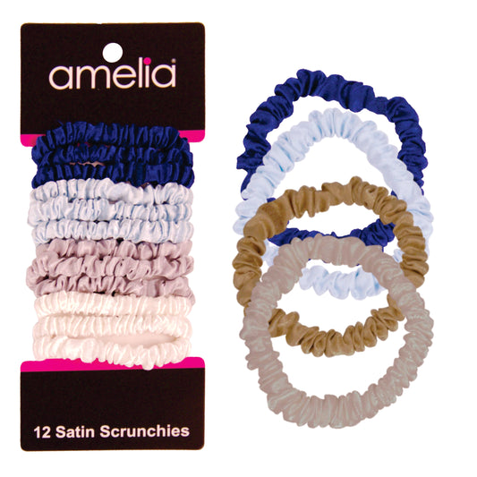 Amelia Beauty, Ocean Mix Skinny Satin Scrunchies, 2in Diameter, Gentle and Strong Hold, No Snag, No Dents or Creases. 12 Pack