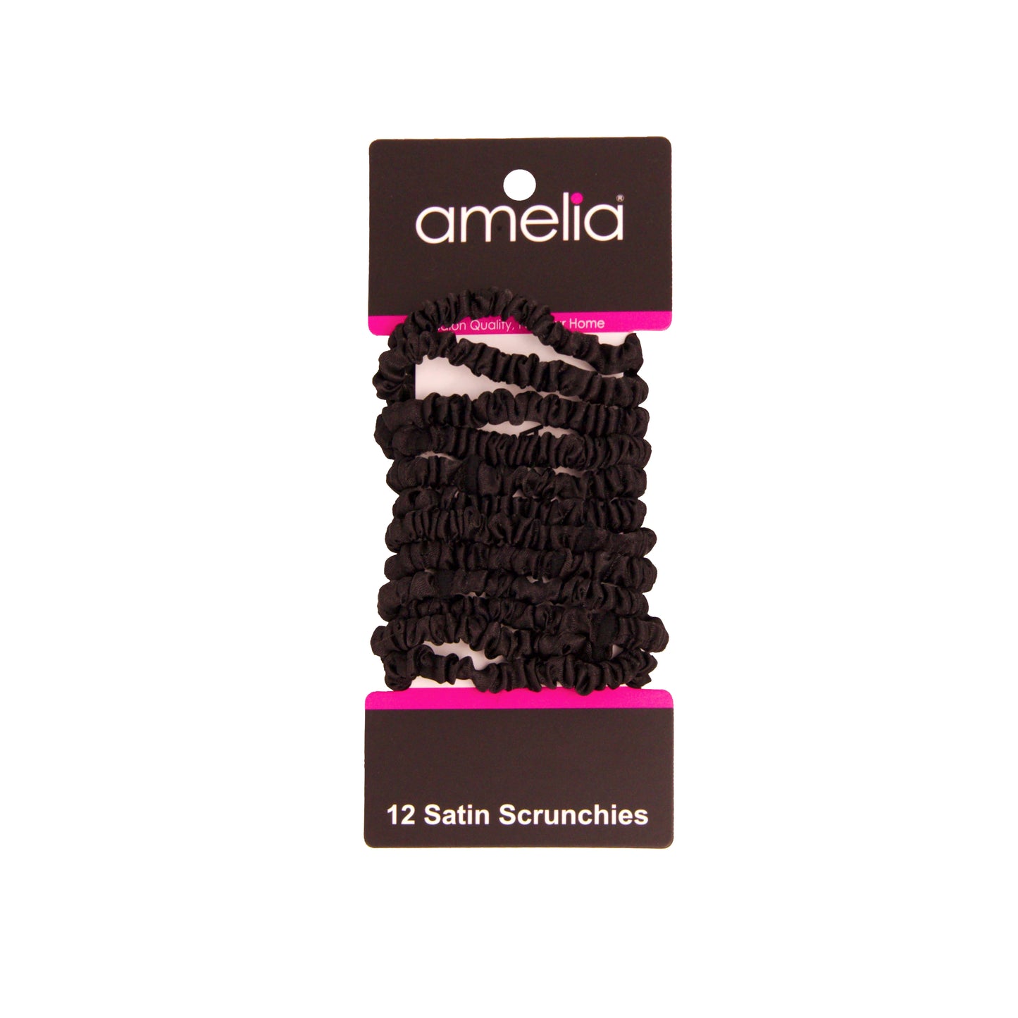Amelia Beauty, Black Skinny Satin Scrunchies, 2in Diameter, Gentle and Strong Hold, No Snag, No Dents or Creases. 12 Pack