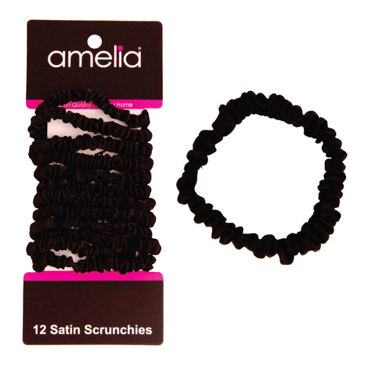 Amelia Beauty, Black Skinny Satin Scrunchies, 2in Diameter, Gentle and Strong Hold, No Snag, No Dents or Creases. 12 Pack