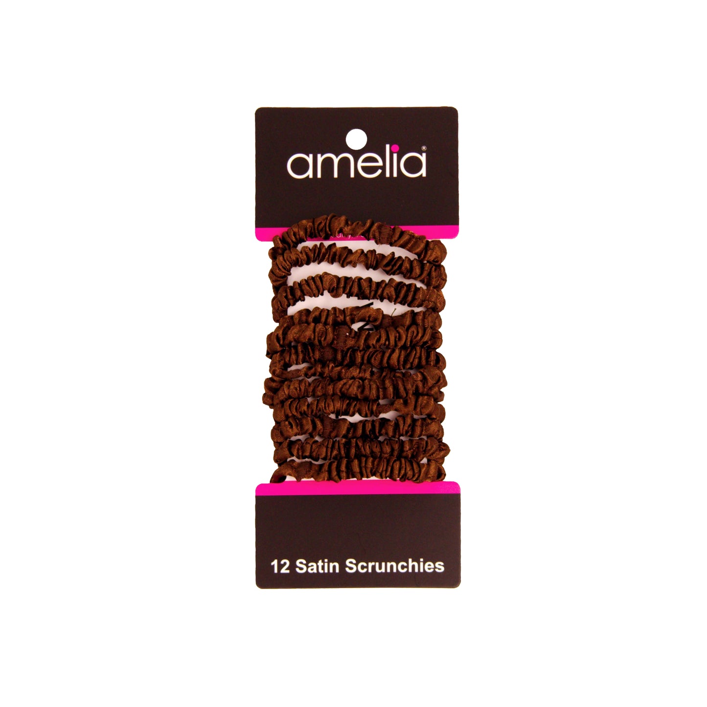Amelia Beauty, Brown Skinny Satin Scrunchies, 2in Diameter, Gentle and Strong Hold, No Snag, No Dents or Creases. 12 Pack