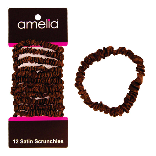 Amelia Beauty, Brown Skinny Satin Scrunchies, 2in Diameter, Gentle and Strong Hold, No Snag, No Dents or Creases. 12 Pack