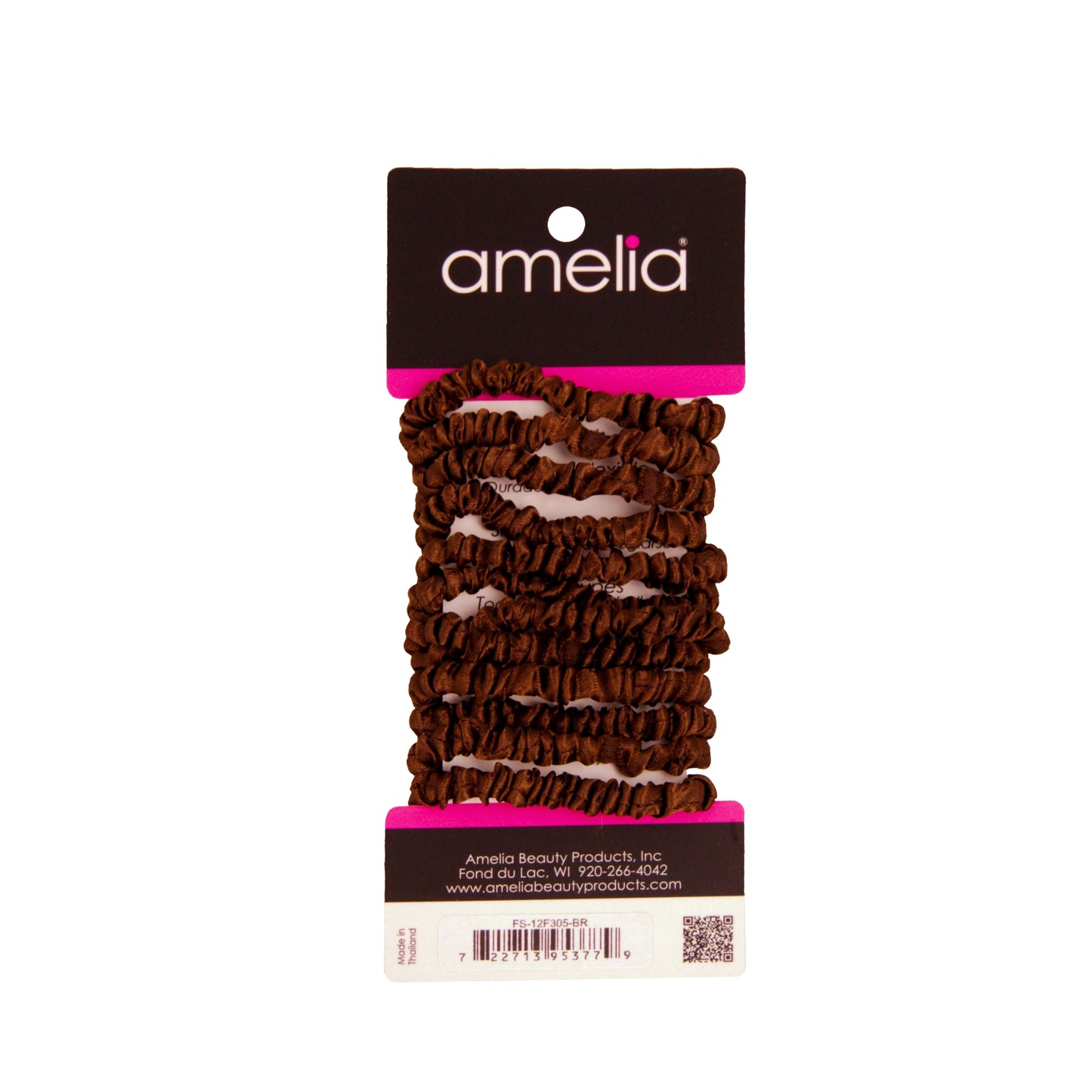 Amelia Beauty, Brown Skinny Satin Scrunchies, 2in Diameter, Gentle and Strong Hold, No Snag, No Dents or Creases. 12 Pack