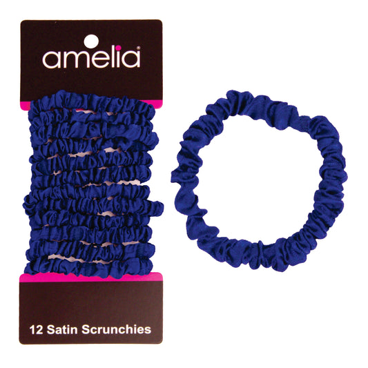 Amelia Beauty, Blue Skinny Satin Scrunchies, 2in Diameter, Gentle and Strong Hold, No Snag, No Dents or Creases. 12 Pack