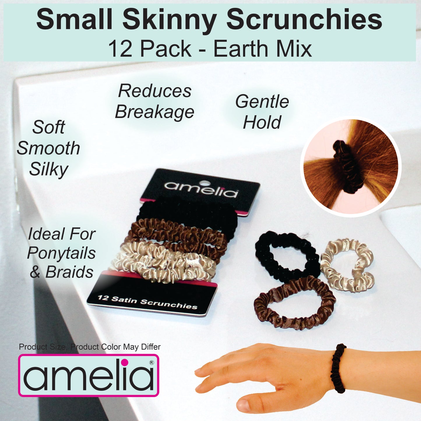 Amelia Beauty, Earth Tones Skinny Satin Scrunchies, 2in Diameter, Gentle and Strong Hold, No Snag, No Dents or Creases. 12 Pack