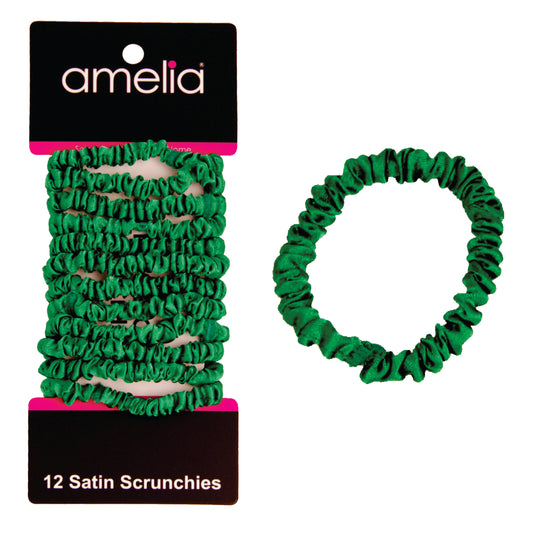 Amelia Beauty, Green Skinny Satin Scrunchies, 2in Diameter, Gentle and Strong Hold, No Snag, No Dents or Creases. 12 Pack