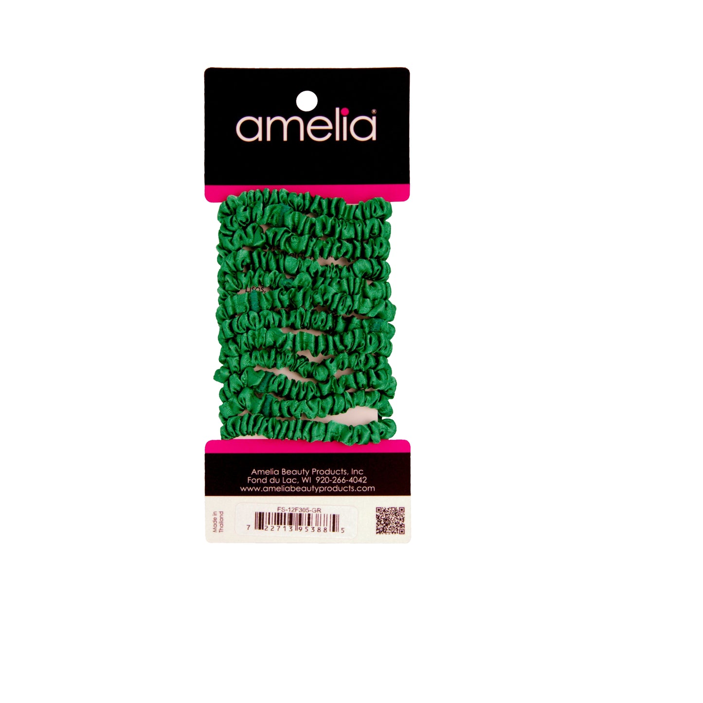 Amelia Beauty, Green Skinny Satin Scrunchies, 2in Diameter, Gentle and Strong Hold, No Snag, No Dents or Creases. 12 Pack