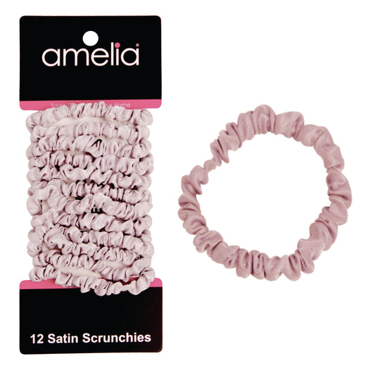 Amelia Beauty, Grey Skinny Satin Scrunchies, 2in Diameter, Gentle and Strong Hold, No Snag, No Dents or Creases. 12 Pack