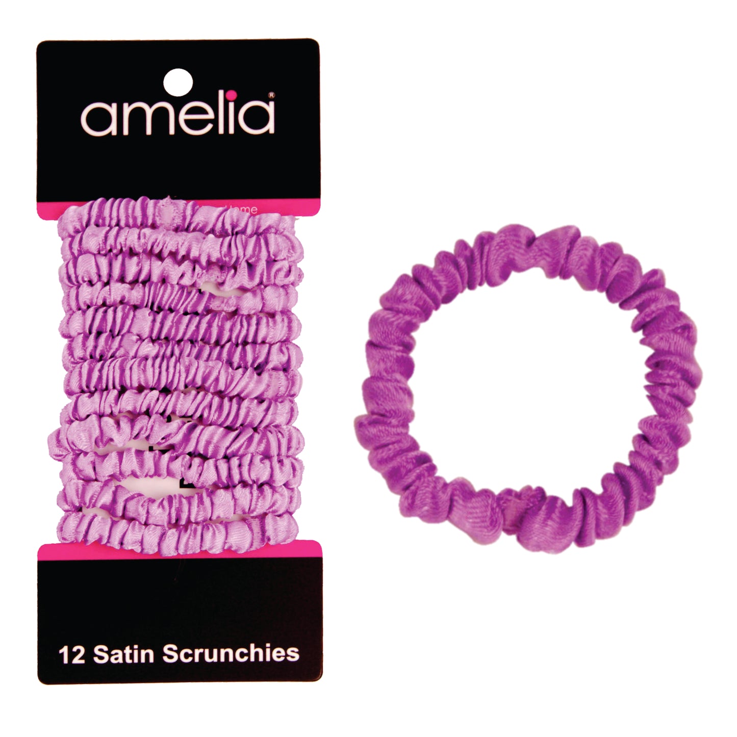 Amelia Beauty, Lavender Skinny Satin Scrunchies, 2in Diameter, Gentle and Strong Hold, No Snag, No Dents or Creases. 12 Pack