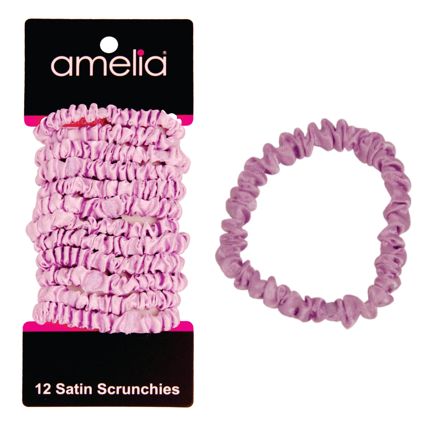 Amelia Beauty, Pink Skinny Satin Scrunchies, 2in Diameter, Gentle and Strong Hold, No Snag, No Dents or Creases. 12 Pack