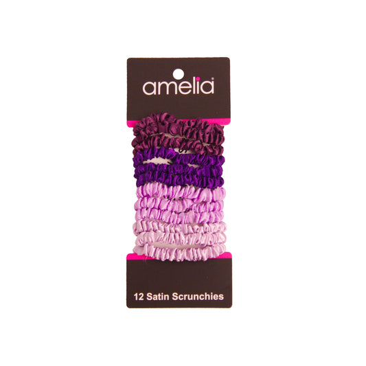 Amelia Beauty, Purple Blend Skinny Satin Scrunchies, 2in Diameter, Gentle and Strong Hold, No Snag, No Dents or Creases. 12 Pack
