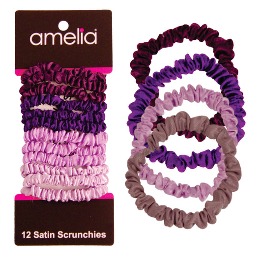 Amelia Beauty, Purple Blend Skinny Satin Scrunchies, 2in Diameter, Gentle and Strong Hold, No Snag, No Dents or Creases. 12 Pack