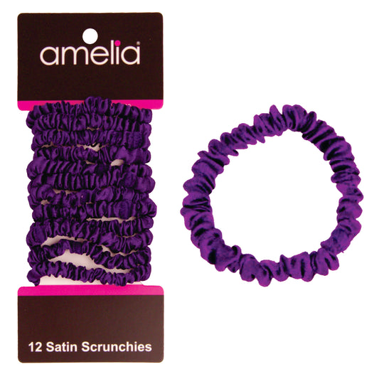 Amelia Beauty, Purple Skinny Satin Scrunchies, 2in Diameter, Gentle and Strong Hold, No Snag, No Dents or Creases. 12 Pack