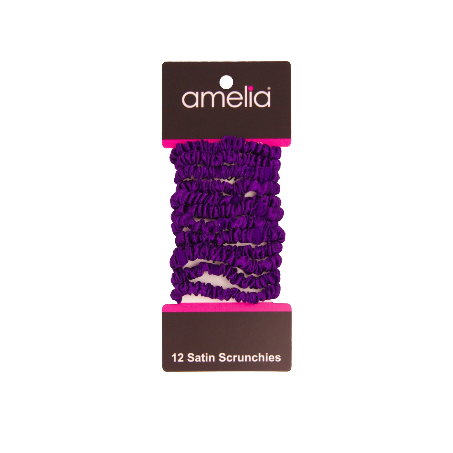 Amelia Beauty, Purple Skinny Satin Scrunchies, 2in Diameter, Gentle and Strong Hold, No Snag, No Dents or Creases. 12 Pack