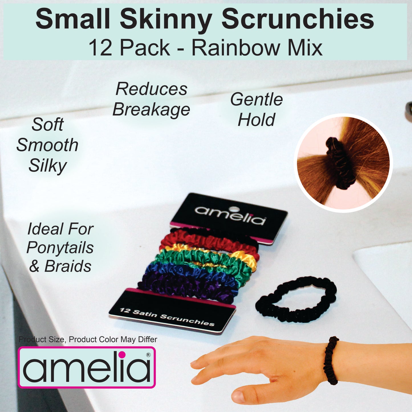 Amelia Beauty, Rainbow Colors Skinny Satin Scrunchies, 2in Diameter, Gentle and Strong Hold, No Snag, No Dents or Creases. 12 Pack