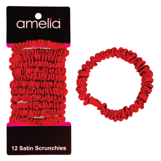 Amelia Beauty, Red Skinny Satin Scrunchies, 2in Diameter, Gentle and Strong Hold, No Snag, No Dents or Creases. 12 Pack