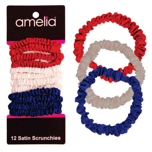 Amelia Beauty, Red, White and Blue Mix Skinny Satin Scrunchies, 2in Diameter, Gentle and Strong Hold, No Snag, No Dents or Creases. 12 Pack