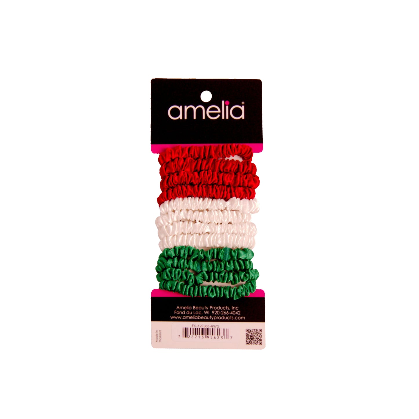 Amelia Beauty, Red, White and Green Mix Skinny Satin Scrunchies, 2in Diameter, Gentle and Strong Hold, No Snag, No Dents or Creases. 12 Pack