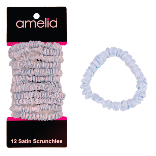 Amelia Beauty, Sky Blue Skinny Satin Scrunchies, 2in Diameter, Gentle and Strong Hold, No Snag, No Dents or Creases. 12 Pack