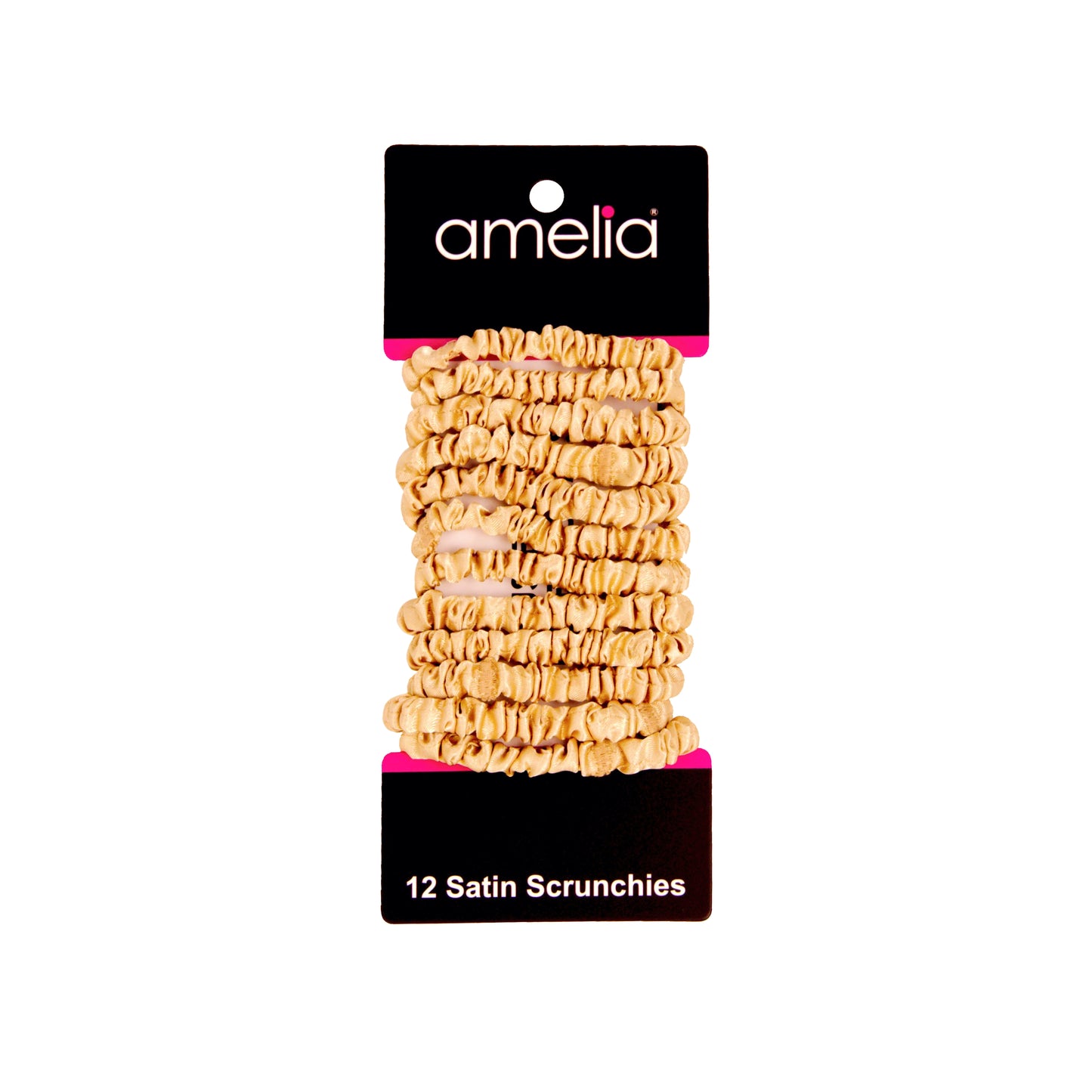 Amelia Beauty, Tan Skinny Satin Scrunchies, 2in Diameter, Gentle and Strong Hold, No Snag, No Dents or Creases. 12 Pack