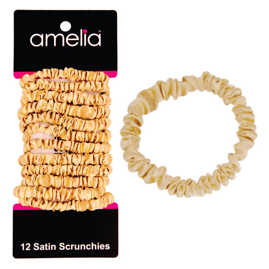 Amelia Beauty, Tan Skinny Satin Scrunchies, 2in Diameter, Gentle and Strong Hold, No Snag, No Dents or Creases. 12 Pack