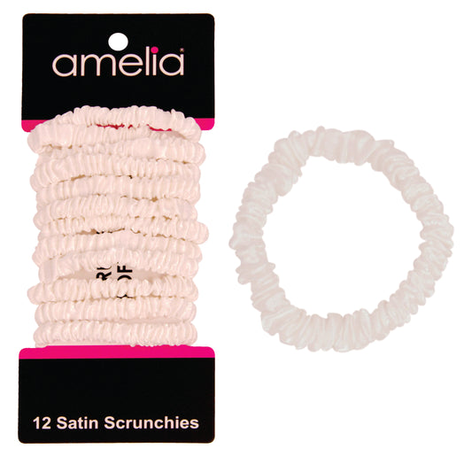 Amelia Beauty, White Skinny Satin Scrunchies, 2in Diameter, Gentle and Strong Hold, No Snag, No Dents or Creases. 12 Pack