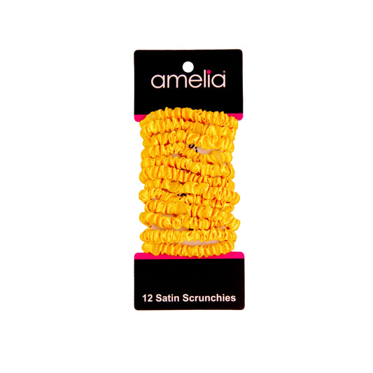 Amelia Beauty, Yellow Skinny Satin Scrunchies, 2in Diameter, Gentle and Strong Hold, No Snag, No Dents or Creases. 12 Pack