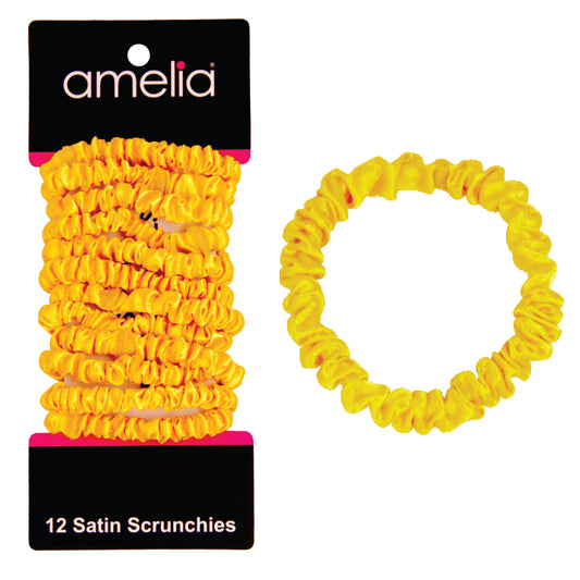 Amelia Beauty, Yellow Skinny Satin Scrunchies, 2in Diameter, Gentle and Strong Hold, No Snag, No Dents or Creases. 12 Pack