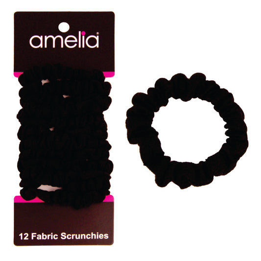 Amelia Beauty, Black Jersey Scrunchies, 2.25in Diameter, Gentle on Hair, Strong Hold, No Snag, No Dents or Creases. 12 Pack