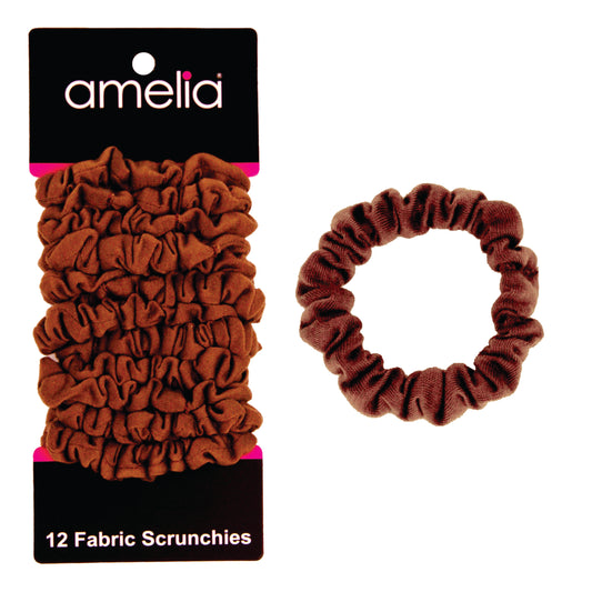 Amelia Beauty, Brown Jersey Scrunchies, 2.25in Diameter, Gentle on Hair, Strong Hold, No Snag, No Dents or Creases. 12 Pack